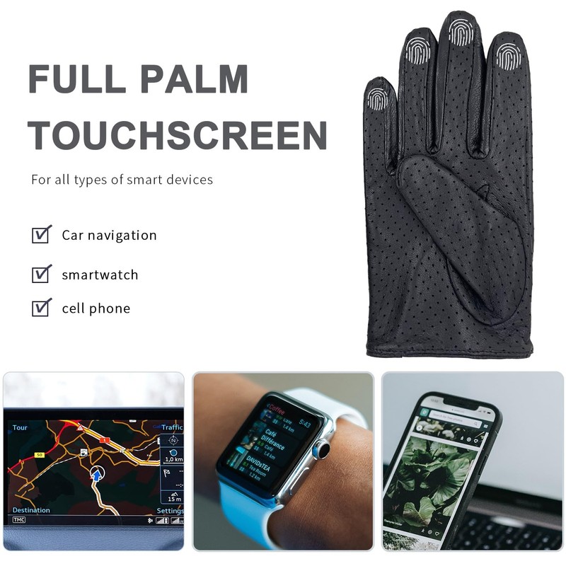 Zjjseloru Mens Genuine Lambskin Leather Driving Gloves Unlined, Touchscreen, Black,