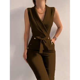 Women's Elegant Jumpsuits V Neck Sleeveless Straight Belted Long Pants Business Suits Set with Pockets Coffee L