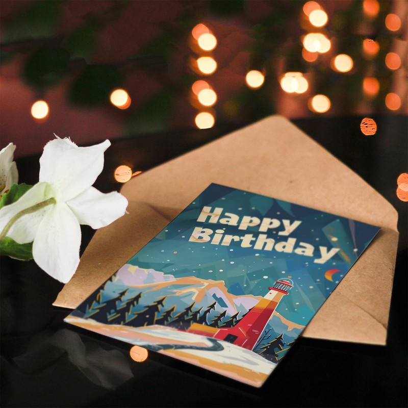 Artery8 Lighthouse Winter Mountains Man Birthday Card
