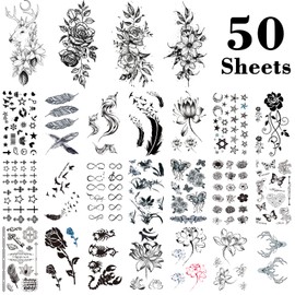 Acevegue Flower Temporary Tattoos for Women, 50 Sheets Waterproof Butterfly Feather Rose Tattoo Stickers, Semi Permanent Black Fake Tattoos Body Art for Girls and Women
