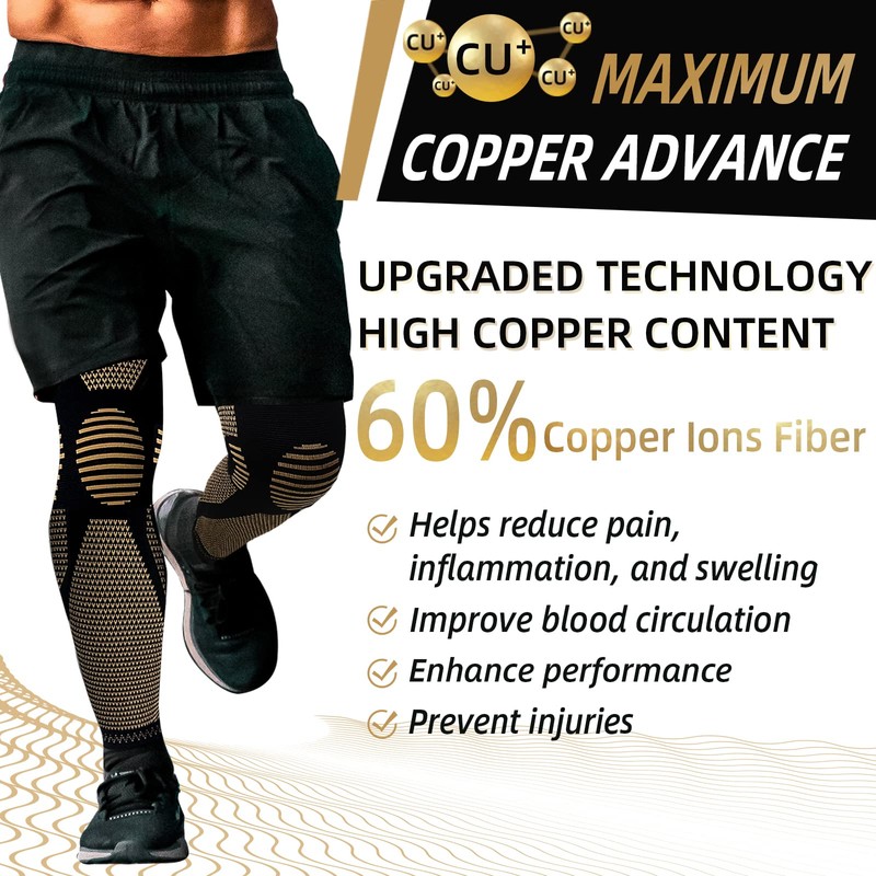 NOSIDAK Full Leg Compression Sleeve (Pair), Copper Knee Sleeves, Anti