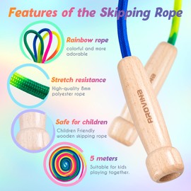 Arovina Children's Skipping Rope, 5 m Long Skipping Rope for Children, Adjustable Wooden Handle, 7 Colours, Rainbow Skipping Rope for Boys and Girls, Outdoor Exercises, Ideal for Birthday Children's