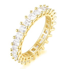 TIGRADE 4mm Eternity Ring Princess Cut Square Cubic Zirconia Engagement Wedding Band for Women Size 5 to 11,Gold,Size 8