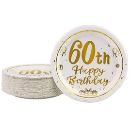 AHPYEUHK 60th Birthday Paper Plates 7" Party Dessert Plates 50 pcs White and Gold 60th Decorations Disposable Tableware Party Supplies