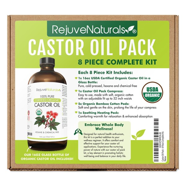Castor Oil Pack - 8 Piece Complete Kit. Includes 16oz Glass Bottle of Organic Castor Oil, Easy to use Castor Oil Compress with Adjustable Fit, 5 Soft Cotton Pads & Soothing Heat Pack..
