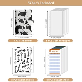 A6 Budget Binder with Zipper Envelopes,Leopard Print Money Organizer for Cash with 12 Expense Sheets & 2 Word Stickers,Cash Envelopes for Budgeting and Saving (Leopard Print Cow)