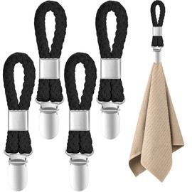 Hanger for towels, 4 pieces towel clips with loops, tea towel holder, black towel clips, towel hanger without towel clip for bathroom cabinets, clothes hanger holder