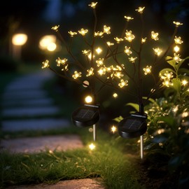 Outdoor Solar Powered Garden Lights Decor, Decorative 2 Pack Waterproof Solar Cherry Blooms Tree Flowers Lights, 40leds Lighted Outside Yard Decorations for Pathway, Lawn, Patio Gardening Gifts