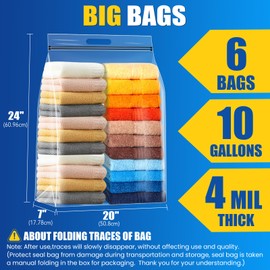 BURVAGY 6Pack Extra Large Plastic Storage Bags 10 Gallons 24"x20"x7" Zero BPA Double Zipper Seal 4 Mils Thick Double Layer Carry Handle Resealable Moving Seasonal Travel Clothes
