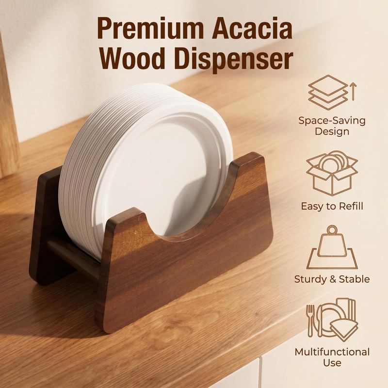Wooden Paper Plate Holder, Kitchen Countertop Storage for 6-10 Inch