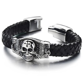 COOLSTEELANDBEYOND Gothic Mens Skull Bracelet Genuine Braided Leather Bracelet Steel Silver Black Two-tone Polished