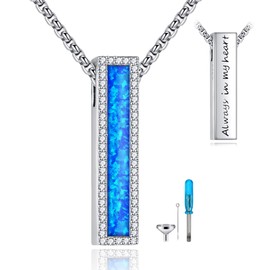 HKPATOP Opal Urn Necklaces for Ashes Sterling Silver Blue Opal 3D Bar Cremation Jewelry for Ashes Memory Jewelry for Women Men