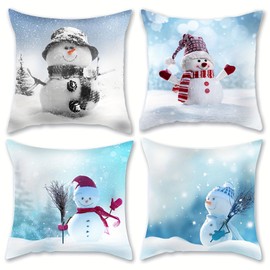 FAAFRW Christmas Snowman Pillow Covers 18 x 18 Inch Set of 4 Winter Snowman Snowflake Throw Pillow Covers Cushion Case Decoration for Couch Sofa Bed Home Living Room House