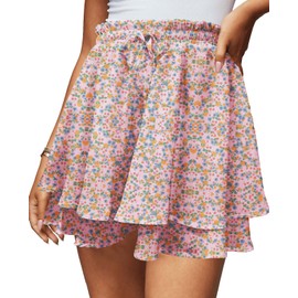 Bufushaoh Women's Flowy Floral Boho Skort Summer Casual Ruffle Elastic High Waist Layered Running Tennis Mini Skirts(Pink,XL)