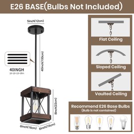 1 Light Farmhouse Pendant Light with Wood and Metal Cage,39 Inch Height Adjustable Kitchen Island Light for Dining Room Kitchen Bar Sink Hallway.