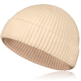 Samserot Wool Short Fisherman Beanie for Men Women, Knit Cuff Trawler Beanie Caps Winter Warm Hats Beige