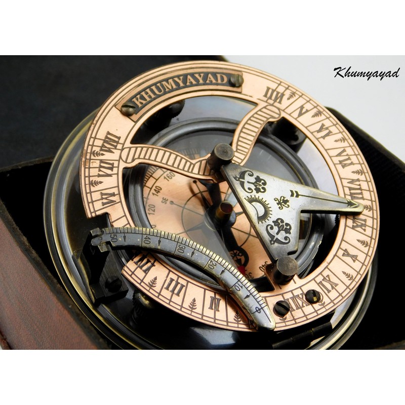KHUMYAYAD Handmade Brass Sundial Compass Fully Functional with Pure Leather