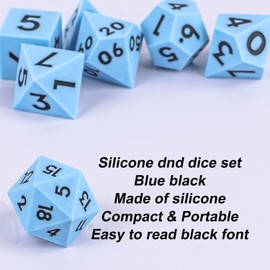 Silicone DND Dice Set DND 7 PCS Silicone DND Dice with Transparent Display Iron Box Faceted Black Numbers DND Dice for Dungeons and Dragons Role Playing Games and Tabletop Game(Blue Black)