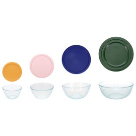 Pyrex Sculpted Glass Bowl Set: 7401, 7401-PC Lemon Drop Yellow, 7402, 7402-PC Loring Pink, 7403, 7403-PC Navy Blue, 7404 & 7404-PC Thyme Green Lid