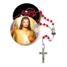 Divine Mercy Rosary Gift Set. Includes Jesus Christ Divine Mercy Metal Rosary Box Tin Case and Pearl Red and White Rosary with Divine Mercy Figurine Silver Metal Centerpiece
