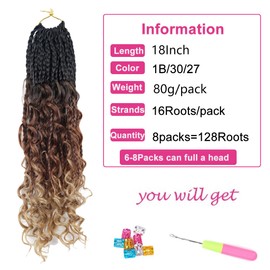 WoWCFyyds 8 Packs Crochet Braids Hair Curly 18 Inch Goddess Box Braids Crochet Hair Bohemian Hippie Braids Extensions with Curly Ends Synthetic Hair Extensions for Braids (1B/30/27)