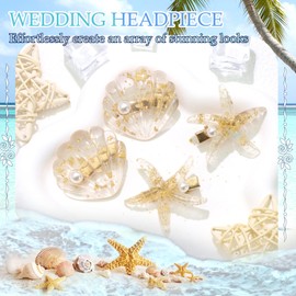 SAWINDA Starfish Seashell Hair Clip Set Shell Pearls Acrylic Resin Mermaid Alligator Hair Clips Gold Beach Wedding Headdress Accessories for Ladies and Girls (Pack of 4)