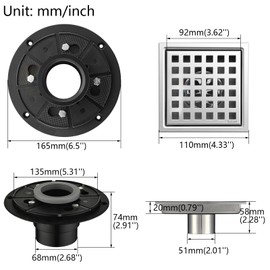 YANCASENO 4 Inch Square Shower Floor Drain with Flange,Quadrato Pattern Grate Removable,Food-Grade SUS 304 Stainless Steel,Brushed Nickel