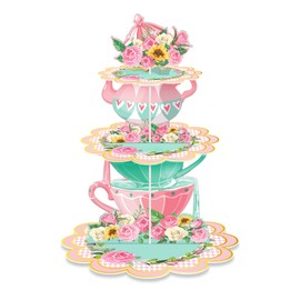 3 Tier Floral Tea Party Cupcake Stand Decorations Spring Vintage Teapot Cupcake Holder Dessert Tower for Flower Theme Talking Party Baby Shower Princess Birthday Wedding