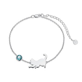 LONAGO Cat Bracelet 925 Sterling Silver Cute Cat with Birthstone Bracelet Jewellery for Women, Sterling Silver