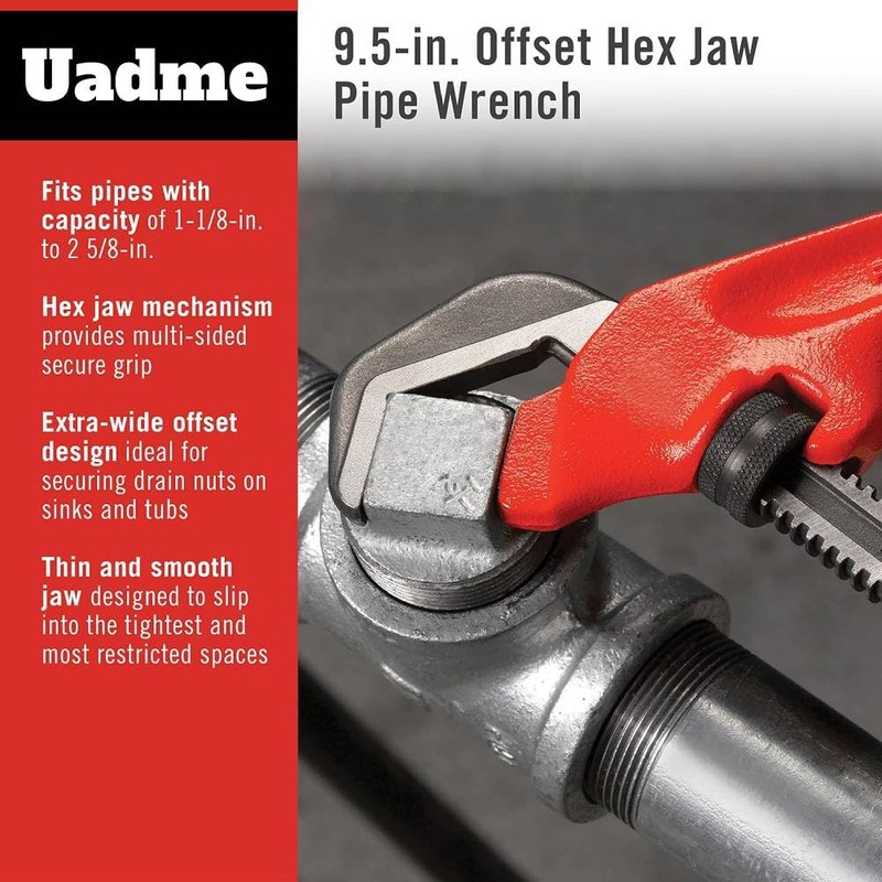 Uadme Offset Pipe Wrench, 9.5 inch Plumbing Hand Tools, Plumbers