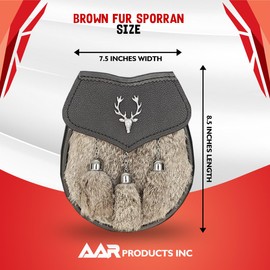 AAR Mens Semi Dress Formal Sporran Brown Rabbit Fur 3 Tassels Free Leather Belt Chain,Stag Head,One Size