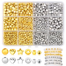 1120Pcs Assorted Gold Spacer Beads, Shine CCB Round Heart Star Flat Rhombic Beads for Jewelry Making,Multiple Shapes Acrylic Mini Beads Set for DIY Bracelet Necklace Crafting（Gold,Silver）