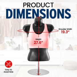 Black Female Mannequin Torso with Metal Stand, Hollow Back, Stackable Dress Form for T-Shirt Display, Countertops, Craft Shows, Photos, and Design