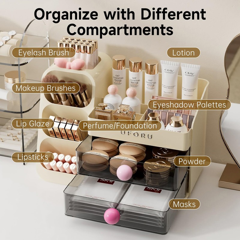 UFORU Makeup Organizer for Vanity with Brush Holder, Countertop Organizer