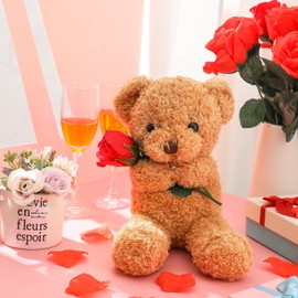 Civaner Valentine Plush Stuffed Animal Bear Gift with Rose Valentine Funny Cute Stuffed Animal Plush Gift for Girlfriend Valentine's Day, 11.8 Inches(Beige)
