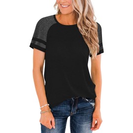 Womens Shirts Casual Crewneck Color Block Tee Loose Fit Summer Short Sleeve Workout Blouse Petite Ladies Tunic Juniors Tops Black Gray S