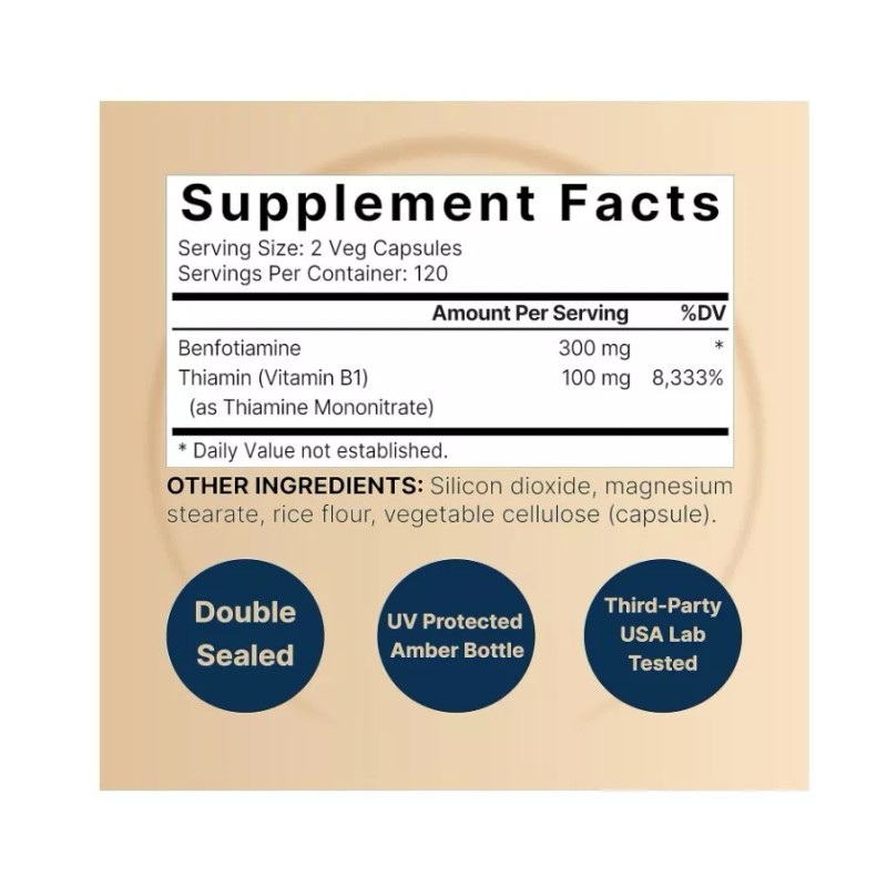 NatureBell Benfotiamine 300mg with Thiamine (Vitamin B1) 100mg, 240 Veggie