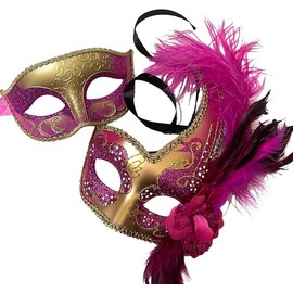 MasqStudio Couples Black Gold Masquerade Ball Mask Pair Feather Mardi Gras Party Valentines Gift for Her (Fuchsia Gold), 6X8