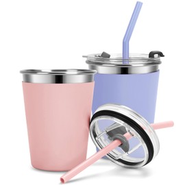 Vermida Kids Cups with Straws and Lids Leak Proof, 12oz Sippy Cups for Toddlers 1-3, 2 Pack Spill Proof Cups Stainless Steel Kids Cups with Lids for School, Outdoor (Pink & Cyan)