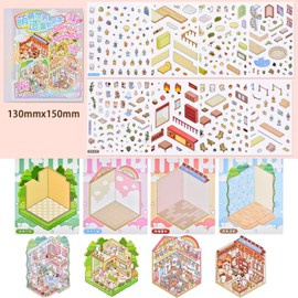 DIY 3D Mini House Scene Stickers Book with Tweezers Make Your Own Restaurant Shop Sticker Scenes Cute Fun Micro Animal Stickers for Relief Stress Pass The Time(4 Designs)