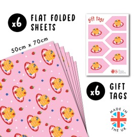 Pink Wrapping Paper - 6 Sheets of Wrapping Paper - Blueberry & Strawberry Pancakes - Heart - Girls Wrapping Paper - With Stickers - Recyclable - From Central 23
