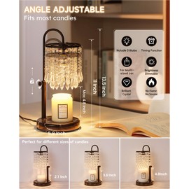 Candle Warmer Lamp with Timer Dimmer and 3 Bulbs, Candle Lamp Warmer with Marble Base for Adjustable Height, Crystal Candle Lamp for Jar Candles, House Warming Gifts Home Room Decor, Black