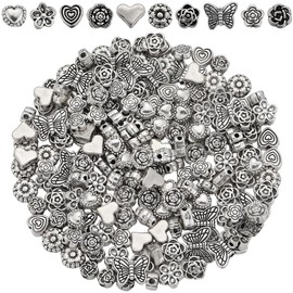 SUNNYCLUE 1 Box 200Pcs 10 Styles Flower Bead Silver Butterfly Beads Bulk Tibetan Alloy Metal Mini Love Heart Valentines Birthday Flower Caps Spacer Beads for Jewelry Making Beading Bracelets DIY Craft