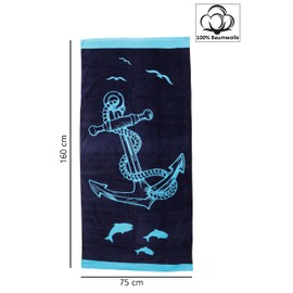 ELLUG Large Maritime Towel Bath Towel Beach Towel 100% Cotton Velour and Terry Cloth Holiday 75 x 160 cm (Anchor)