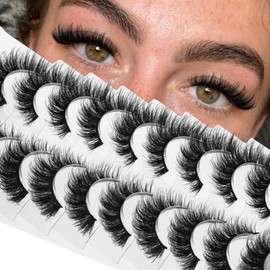 False Eyelashes Fluffy Cat-Eye Look Wispy Lashes 3D Volume Natural Look Lashes D Curl Russian Strip Lashes 10 Pairs Pack Faux Mink Lashes