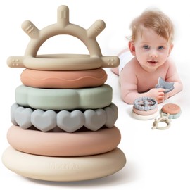 Moonkie Stacks of Circles Soft Teething Toy Educational Learning Stacking Ring Toys for Babies, 7 Piece Set