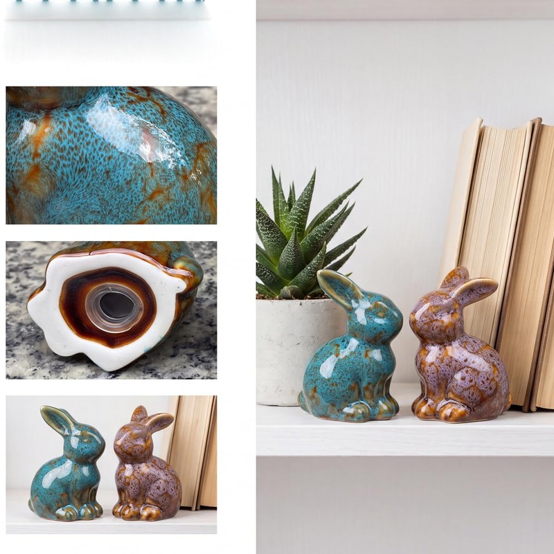 Set of 2 Small Ceramic Rabbit Statue, Handmade Reactive Glaze