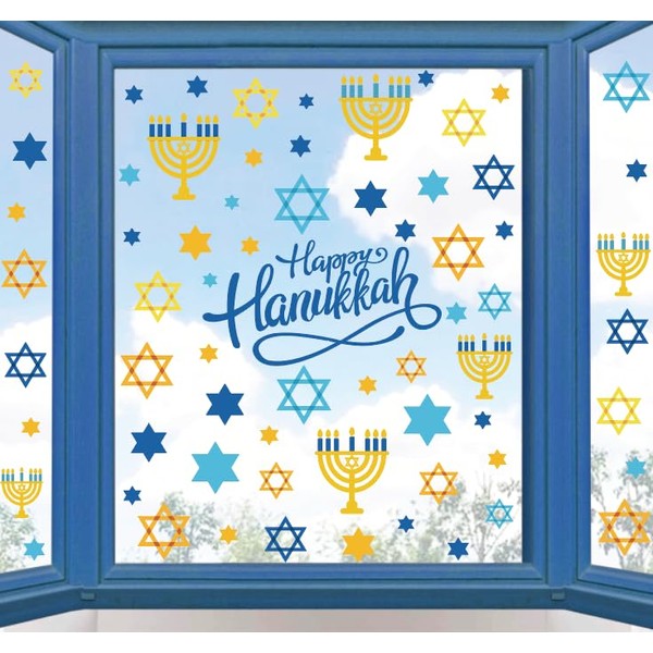 Whaline 9 hojas de Hanukkah para ventana, calcomanías autoadhesivas para ventana de estrella de Menorá, calcomanías estáticas para ventana, decoración para suministros de fiesta en casa y escuela, 7.8 x 11.8 pulgadas