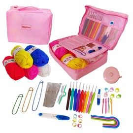 MDybfone Pink Crochet Kit for Beginners Adults,61Pcs Beginner Crochet Kit Include 5 Balls of Yarn,9 Pcs Crochet Hook Set,15 Pcs Lace Steel Needles
