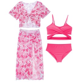 FEOYA Girls 4 Piece Swimwear Bikini Set Hawaiian Print Beach Bathing Suits Sun Protection Swimsuits with Quick Dry Cover Up Pink